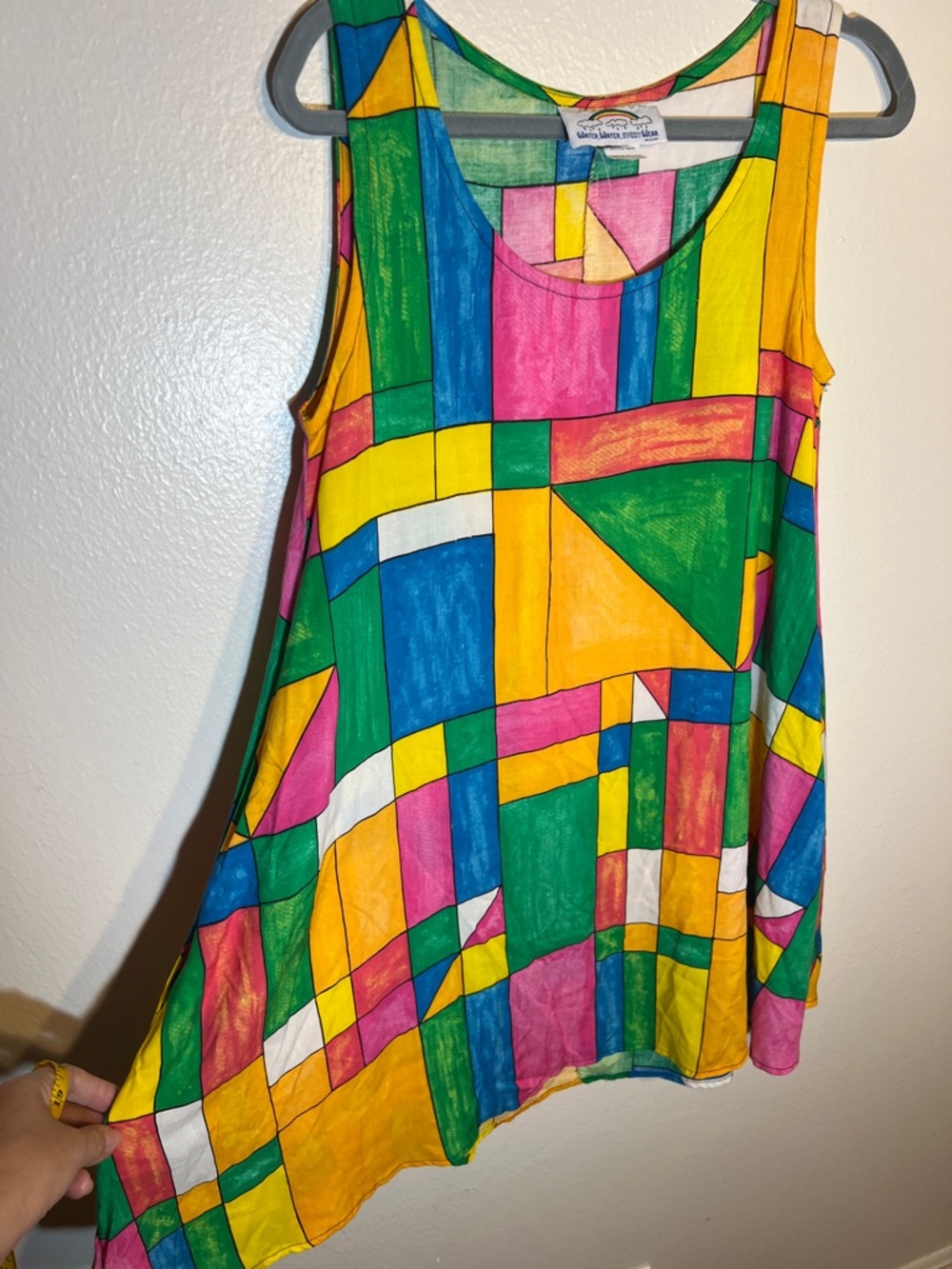 Vintage Colorful Lightweight Mini Tent Dress in Stained Glass Shapes Print Art M - Picture 3 of 7